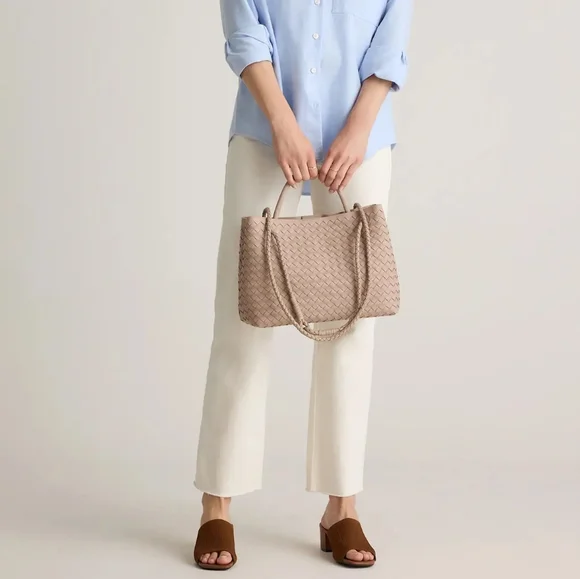 NWT QUINCE LARGE ITALIAN LEATHER HANDWOVEN SATCHEL TOTE BAG IN TAUPE - Picture 5 of 15